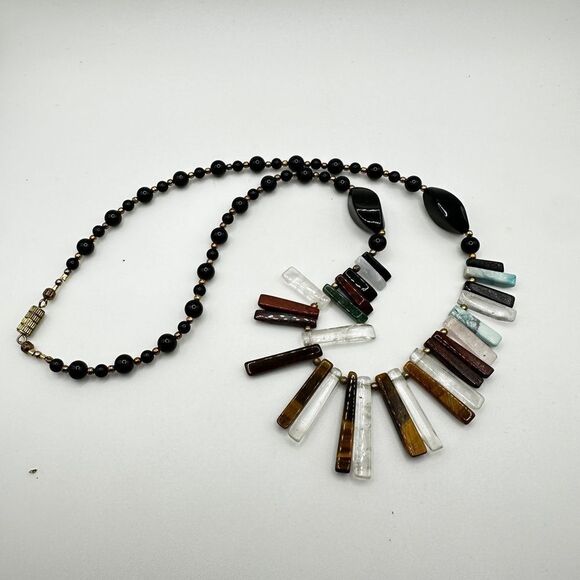 20" VTG multi-gemstone bib-style with brass/antiqued gold tone beads necklace! - Picture 10 of 12
